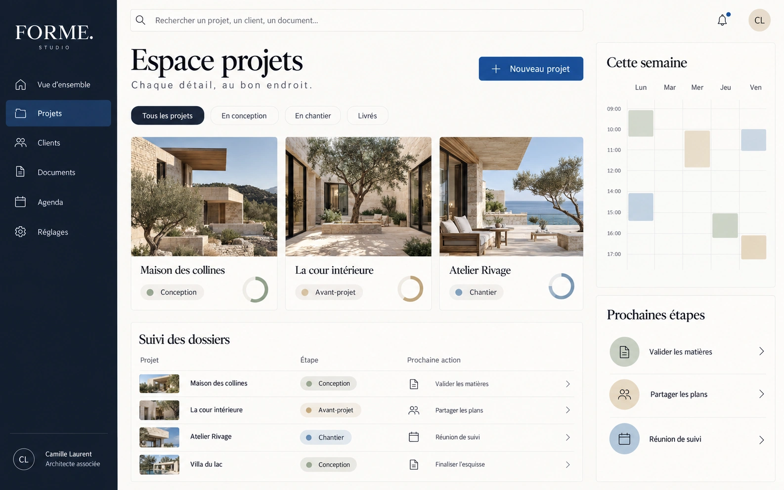 Design de plateforme FORME : espace projets, dossiers et calendrier