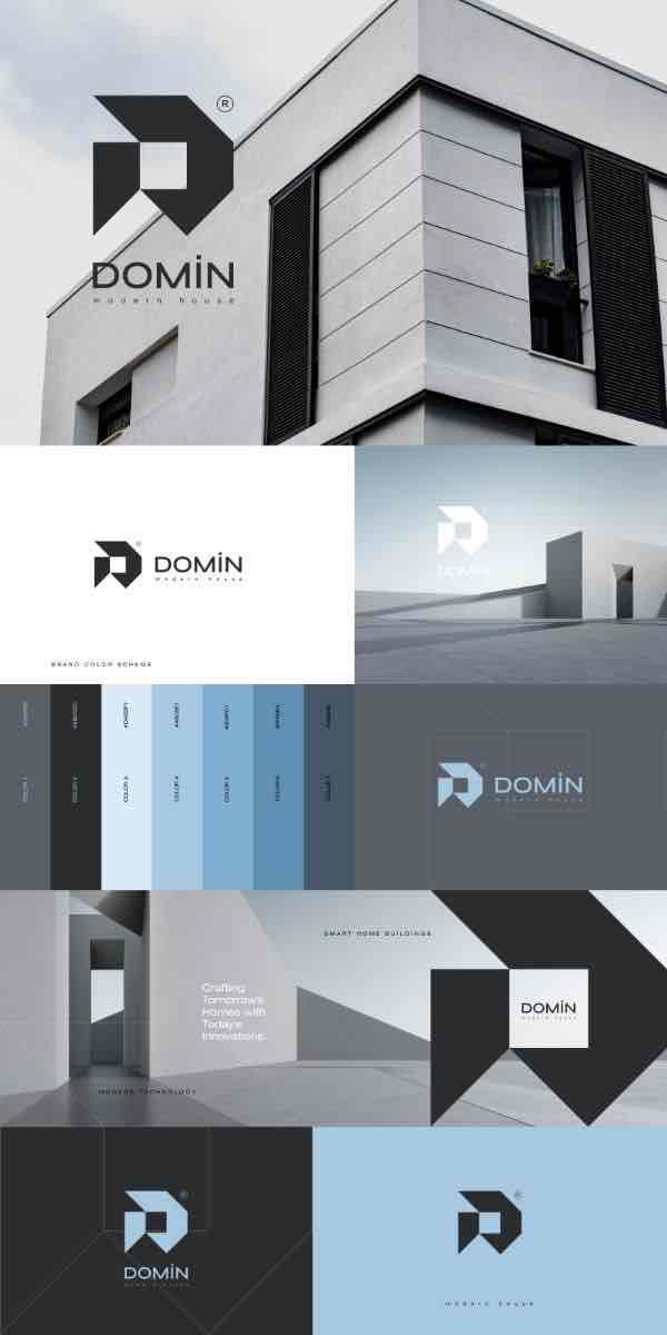 DOMIN Real Estate — Un branding immobilier géométrique associant noir, blanc et bleu ciel.