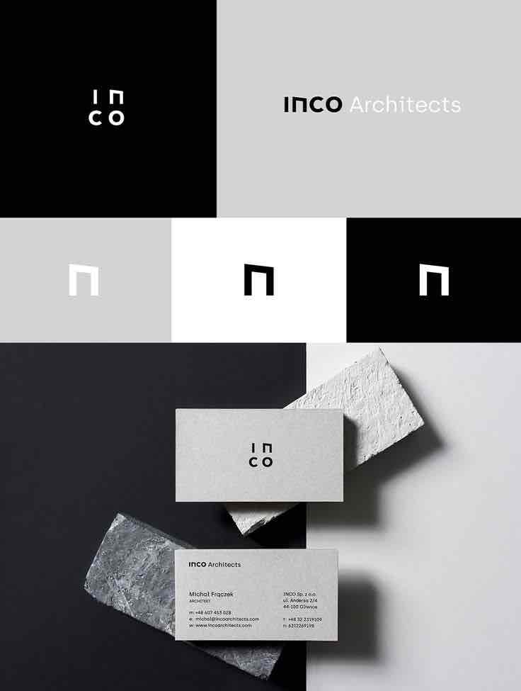 INCO Architects — Un branding architectural pur, entre logo minimaliste et identité en noir et blanc.