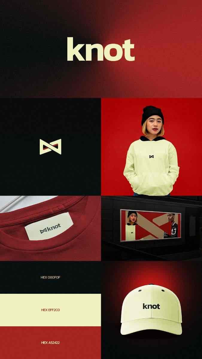 Knot Clothing — Une identité de mode urbaine, géométrique, rouge, beige et noire.