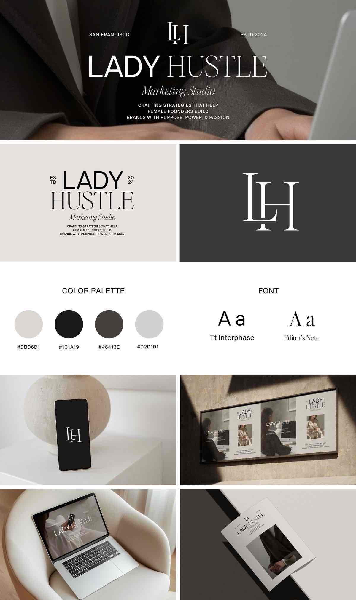 Lady Hustle — Une identité de studio marketing autour du monogramme LH et d’une palette beige et noire.