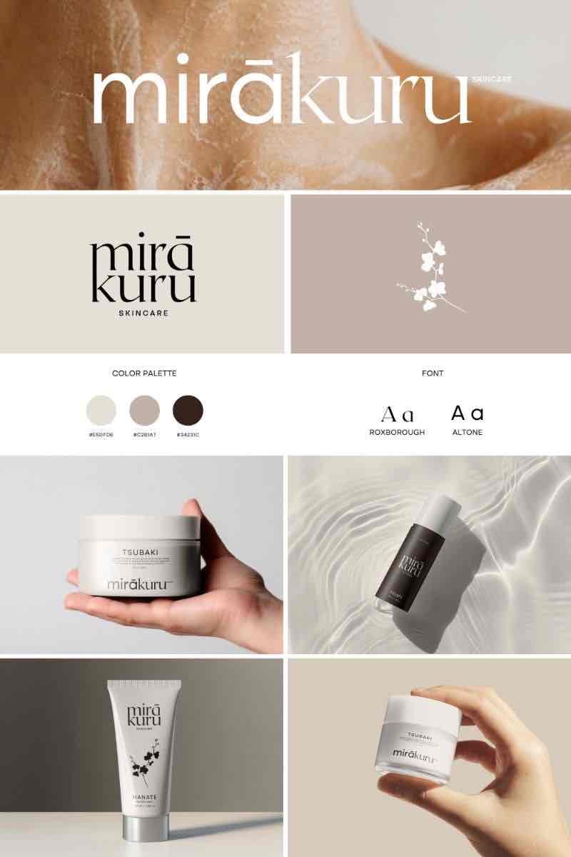Mirakuru Skincare — Logo, identité et packaging de soins dans une palette naturelle et épurée.