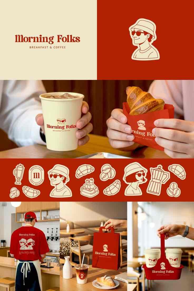 Morning Folks — Une identité café vintage, du logo aux tasses, dans une palette rouge et beige.