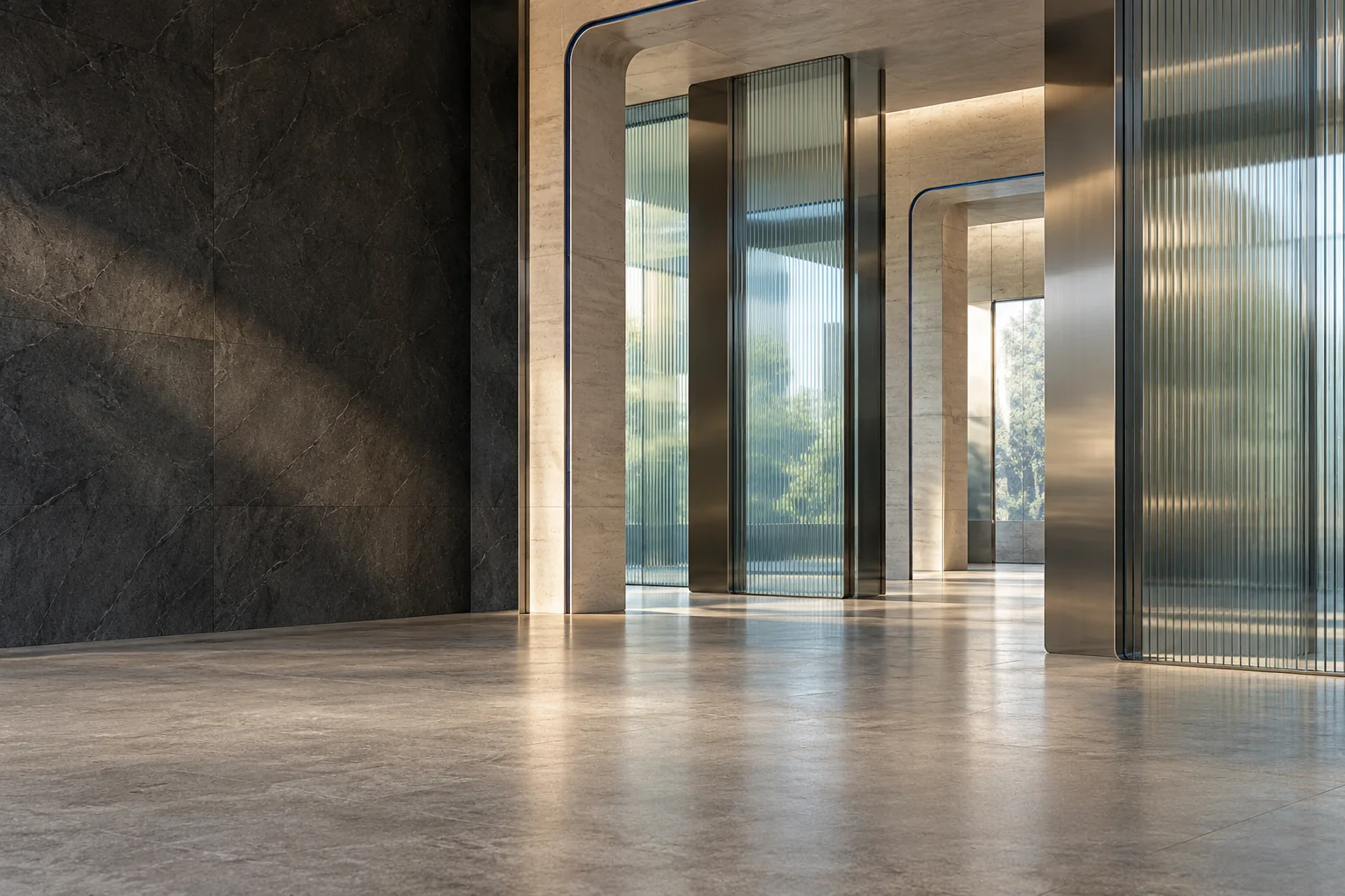 Espace de conception de plateformes : verre nervuré, aluminium brossé et lumière bleue dans une architecture profonde.