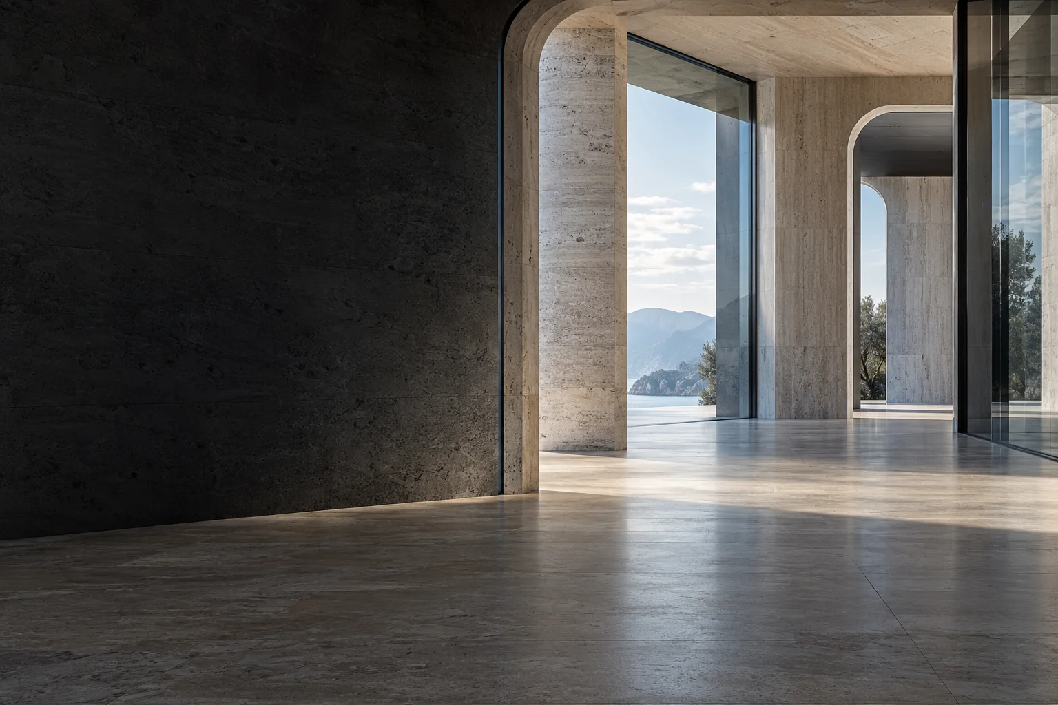 Galerie de design numérique : grands portiques, pierre claire et verre fumé ouvrant sur un horizon lumineux.